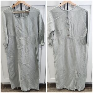 Vintage Suzen USA Linen Blend Midi Dress Mother of Pearl Buttons Small